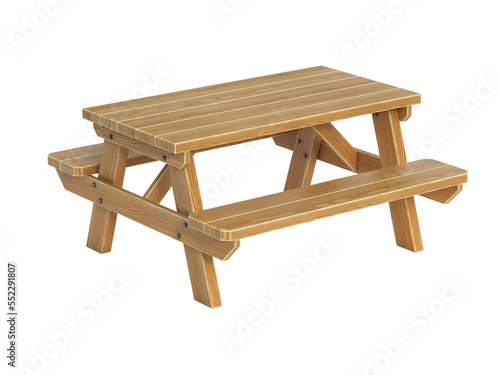 Wooden picnic table with benches, one piece wood furniture for outdoor dining isolated on white background 3d rendering