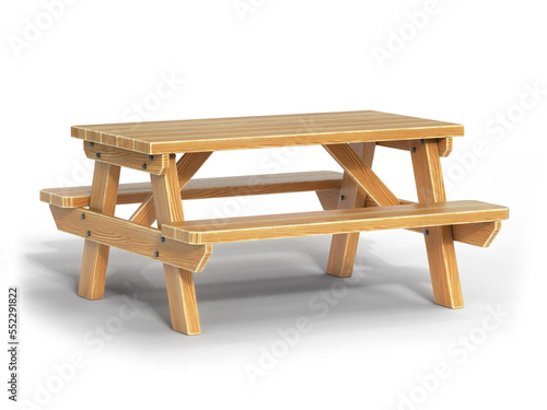 Wooden picnic table with benches, one piece wood furniture for outdoor dining isolated on white background 3d rendering