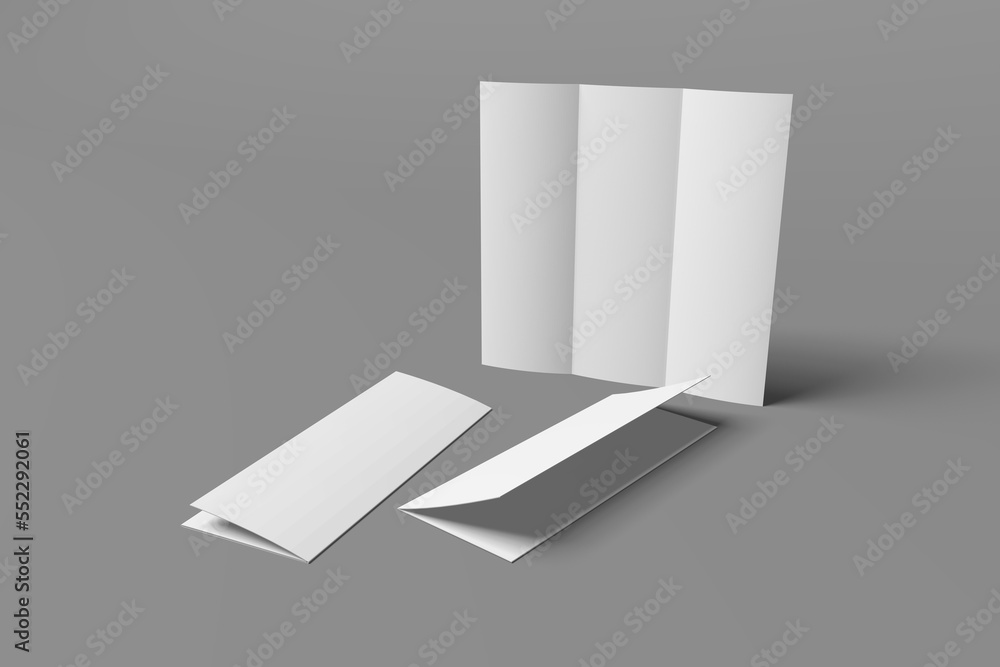 3D realistically rendered tri-fold brochure mockup drawing. Brochure mockup standing on isolated gray background. A mockup of 3 tri-fold brochures that stand open and closed. 3D realistically rendered tri-fold brochure mockup drawing. Brochure mockup standing on isolated gray background. A mockup of 3 tri-fold brochures that stand open and closed.