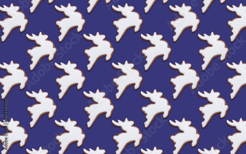 Seamless pattern of cookies in the shape of White deer, on a purple background, minimal print for new year card. Happy new year and merry christmas concept