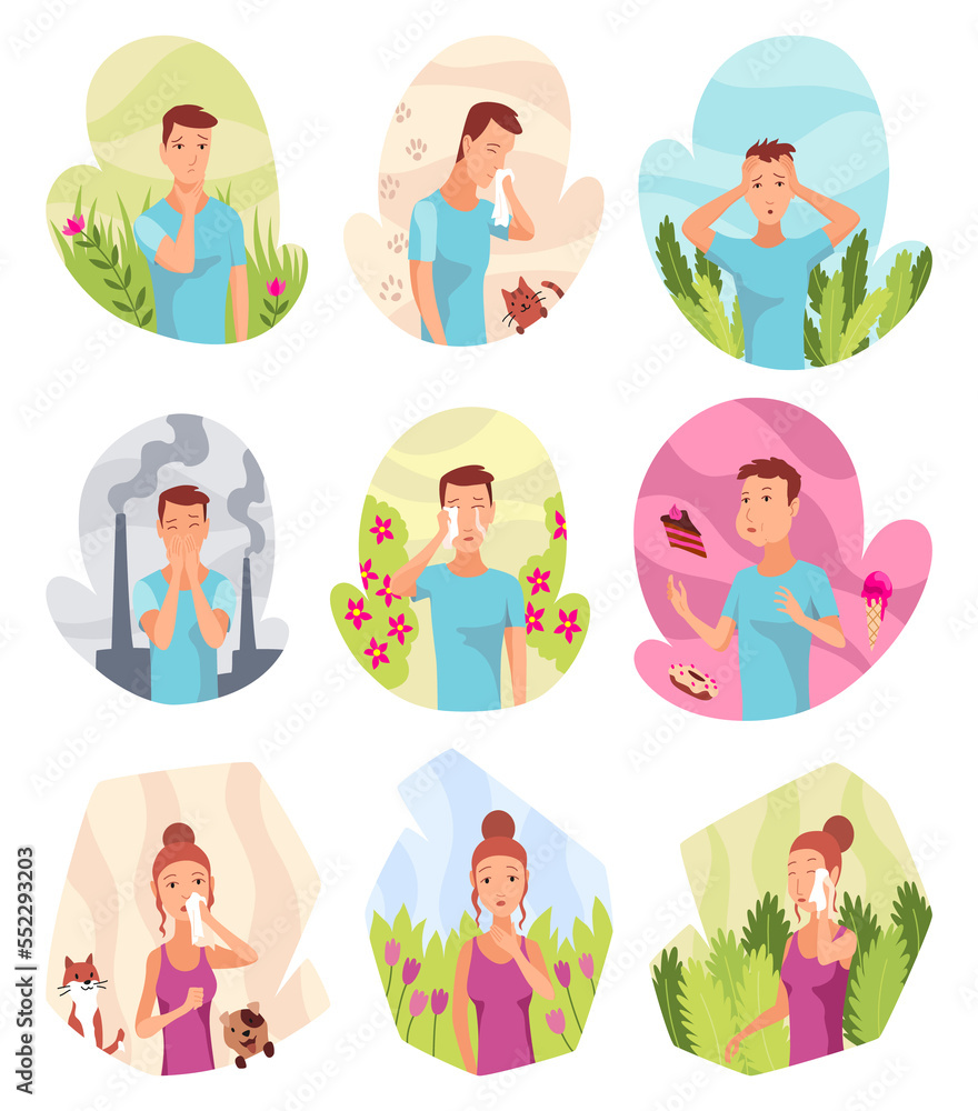 Allergic reactions concept. Symptoms of disease. Womans and mans with hypersensitivity and reaction of immune system. Neezes or blows nose in handkerchief Allergic reactions concept. Symptoms of disease. Womans and mans with hypersensitivity and reaction of immune system. Neezes or blows nose in handkerchief