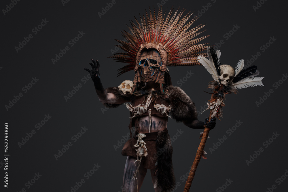 Portrait of aboriginal witch dressed in ceremonial attire and plumed headdress.