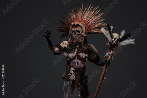 Portrait of aboriginal witch dressed in ceremonial attire and plumed headdress. © Fxquadro