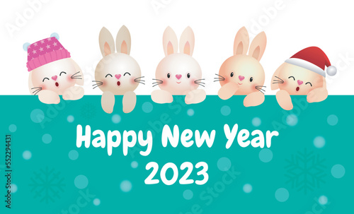 Happy New Year 2023, group of cute funny bunny rabbat holding sign board banner template, Xmas holiday party vector, Merry Christmas in snow scene winter illustration photo