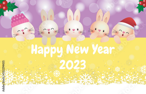 Happy New Year 2023, group of cute funny bunny rabbat holding sign board banner template, Xmas holiday party vector, Merry Christmas in snow scene winter illustration photo