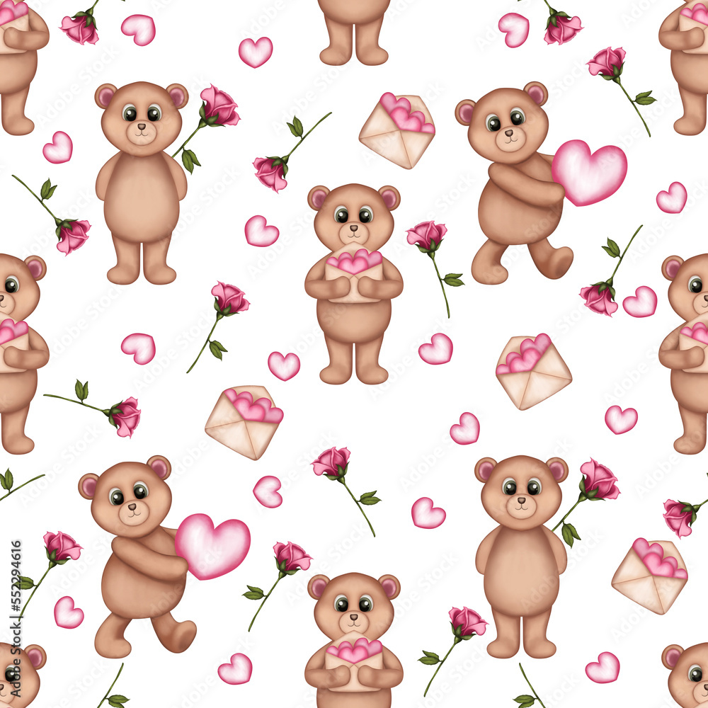 Seamless pattern with teddy bears,envelopes,roses and hearts. Valentine’s Day,Wedding decoration,Scrapbook,Wrapping papers,Birthday,Background,Fabric And Textile. Seamless pattern with teddy bears,envelopes,roses and hearts. Valentine’s Day,Wedding decoration,Scrapbook,Wrapping papers,Birthday,Background,Fabric And Textile.