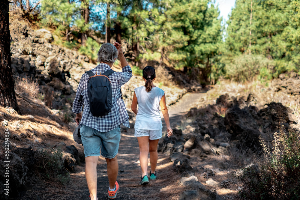 Back view of two mature women enjoying hike in the woods walking in footpath. Elderly retired females and adventure ageless concept Back view of two mature women enjoying hike in the woods walking in footpath. Elderly retired females and adventure ageless concept