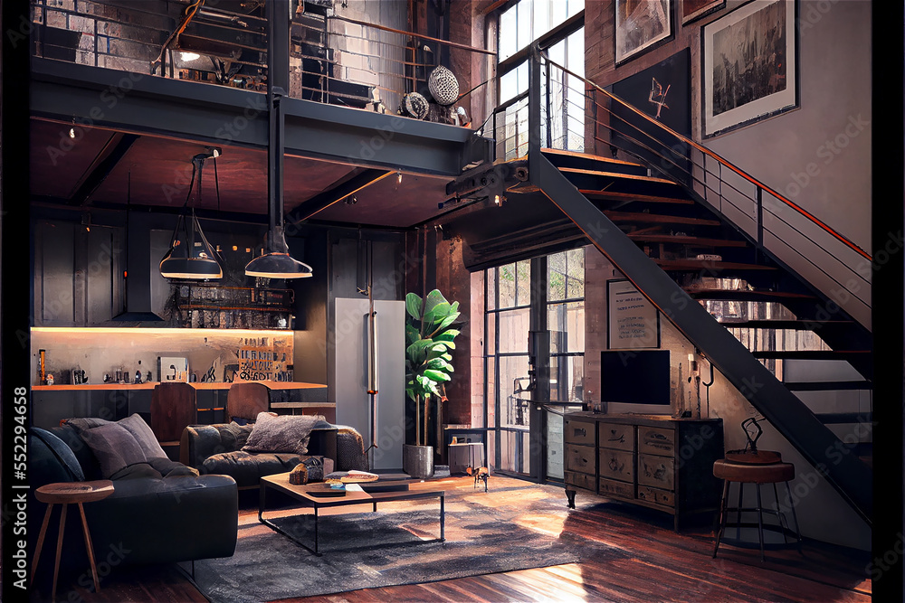 Obraz premium Artist loft interior in a former industrial factory with a boho stylish design, art, boho, architecture, interior design, modern, contemporary, style, wall, brick, beam, decor, decoration, lifestyle,