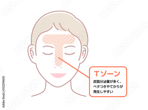 顔の皮脂分泌の多い部位 イラスト (Tゾーン)