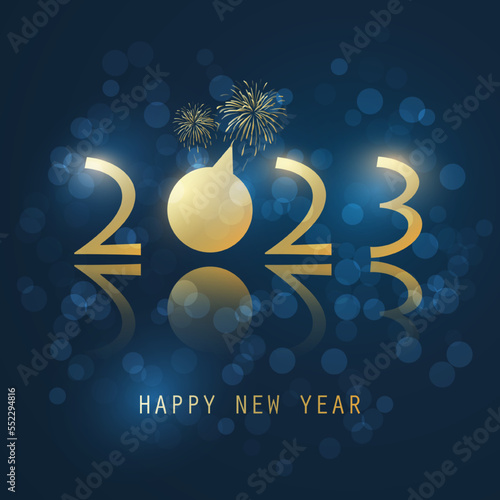 Dark Blue and Golden New Year Card  Template with Fireworks - 2023