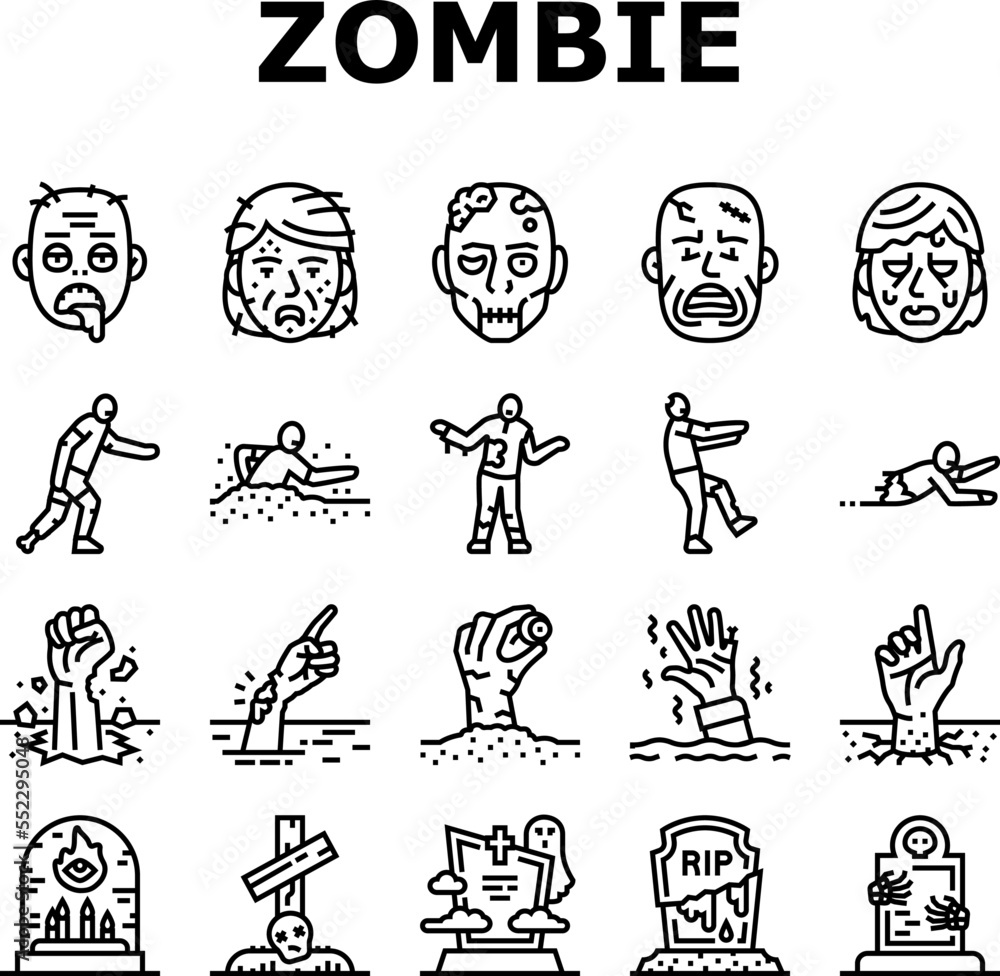 zombie horror scary dead evil icons set vector. monster creepy, hand