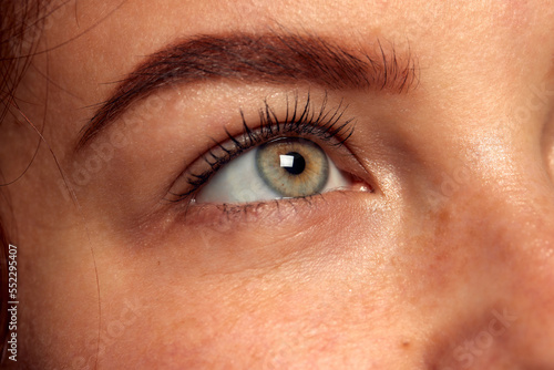 Look. Close up of beautiful green-brown female eyes looking upwards. Concept of vision, contact lenses, medical care