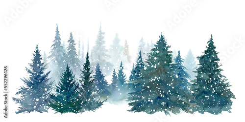雪降る森林の水彩イラスト。奥行きのある森の風景。
