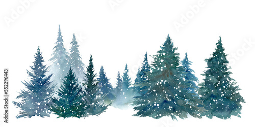 雪降る森林の水彩イラスト。（透過背景）
