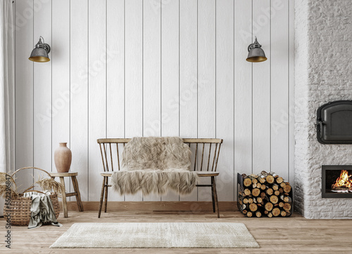 Scandinavian farmhouse living room interior, wall mockup, 3d render photo