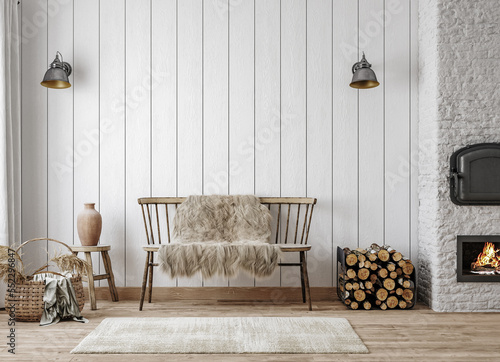 Принти на полотні Scandinavian farmhouse living room interior, wall mockup, 3d render