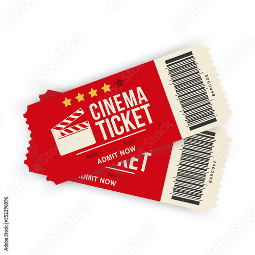 Two cinema tickets isolated on background. Realistic cinema or movie ticket templates