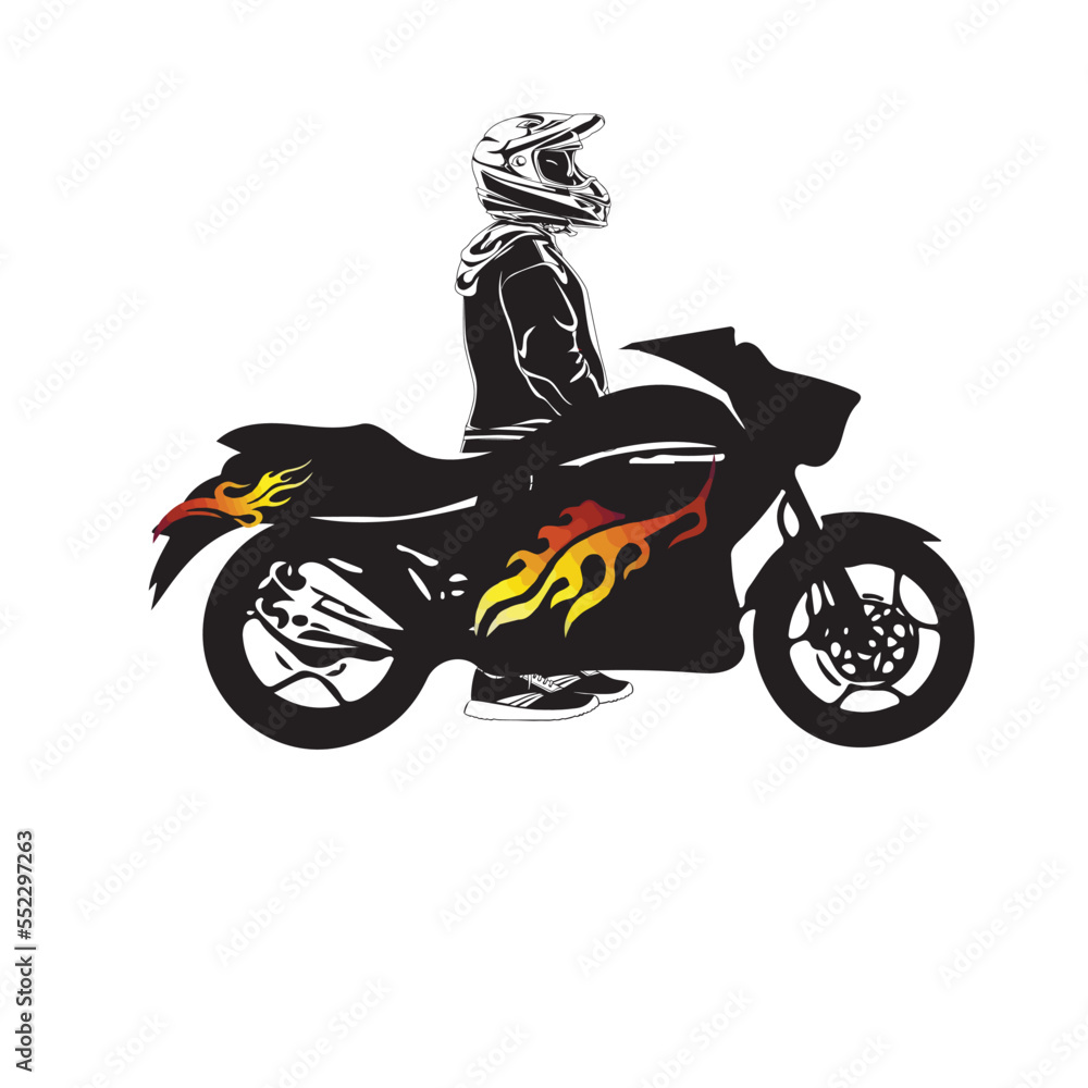 Sports racing motorcycle with amazing fire design and rider. Sports racing motorcycle with amazing fire design and rider.