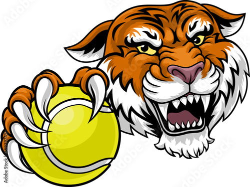 A tiger with a tennis ball sports team animal cartoon mascot