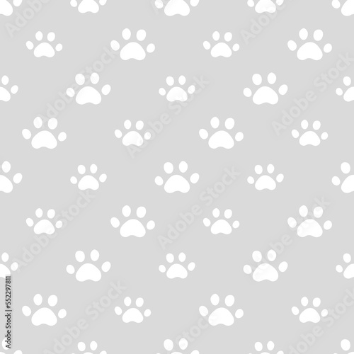 Grey seamless pattern with white cat or dog paws