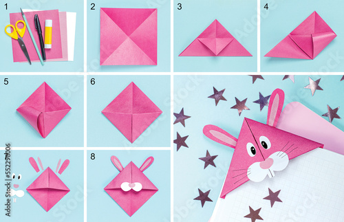 Foto Step-by-step photo instruction on how to make a bookmark in the form of a pink r
