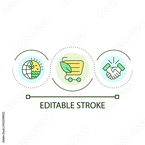 Green business model loop concept icon. Environmental friendly company. Eco-conscious society abstract idea thin line illustration. Isolated outline drawing. Editable stroke. Arial font used
