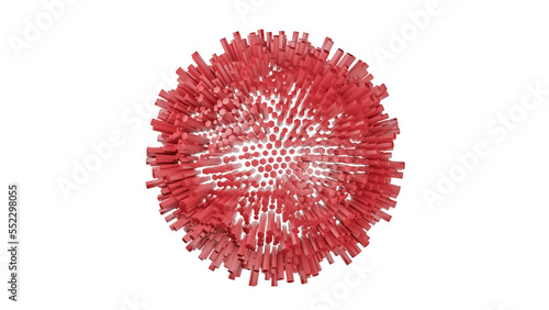 Red 3D globe or sphere with random protruding hexagonal tubes, abstract futuristic geometric hexagons backdrop or wallpaper isolated on white background