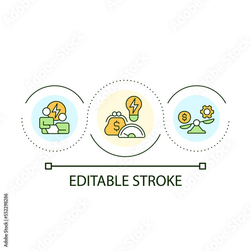 Eco-audit loop concept icon. Energy consumption. Saving electricity usage. Conserve power abstract idea thin line illustration. Isolated outline drawing. Editable stroke. Arial font used