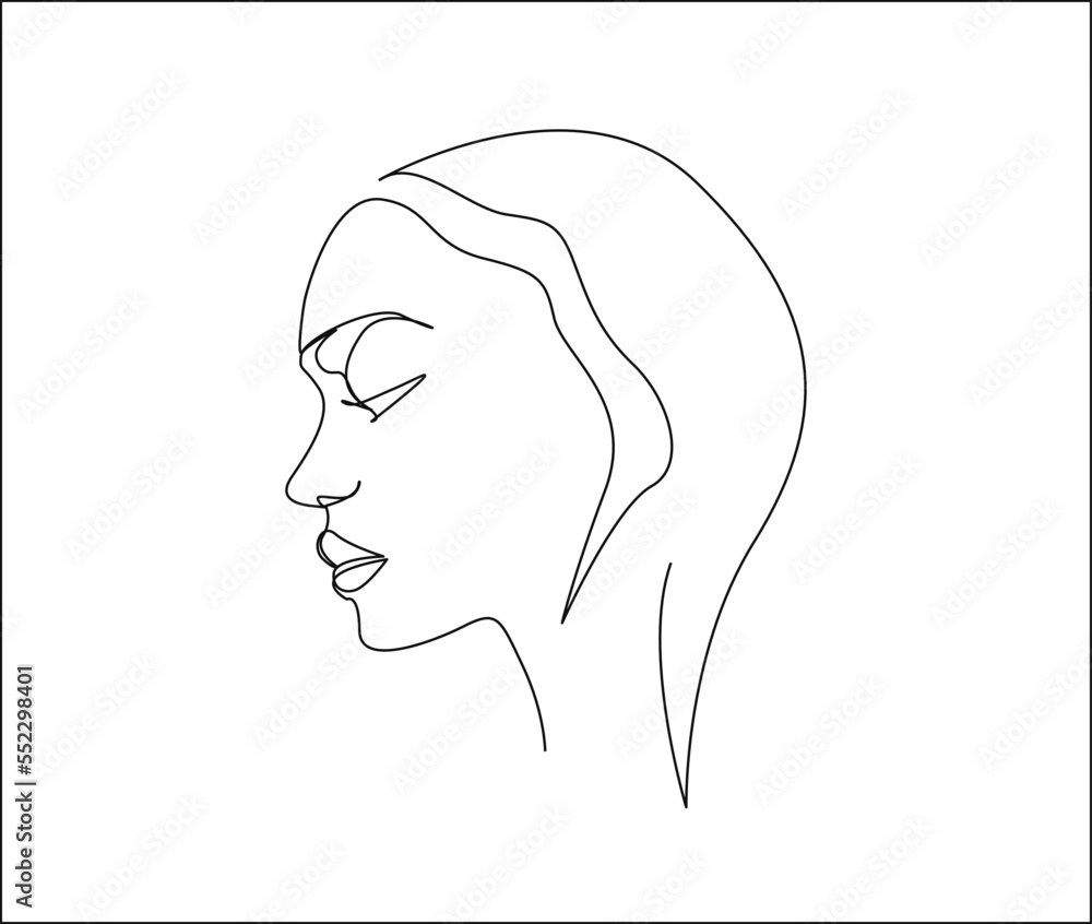 Continuous line of woman face, drawing of face and hairstyle, fashion concept, woman beauty minimalist, vector illustration. Poster and wall art design outline design concept.