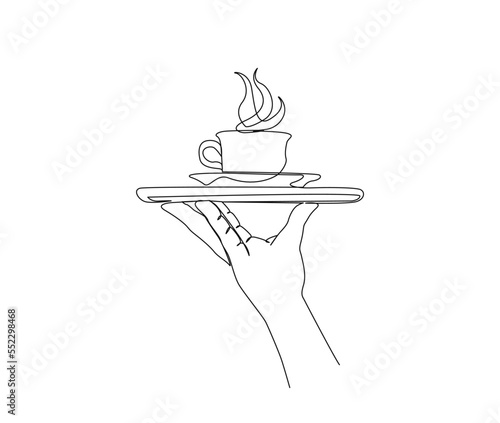Continuous one line drawing of hand holding a coffe cup using tray. a coffe cup line art vector design.