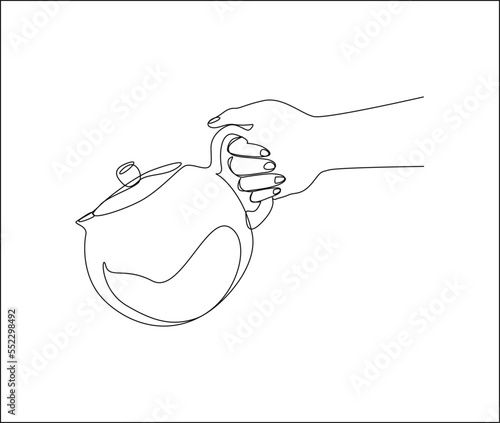 Continuous one line drawing of hand holding teapot. Hand holding coffeepot line art vector design.