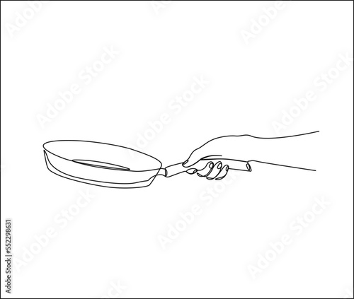 Continuous one line drawing of hand holding frying pan.  Frypan line art vector design.