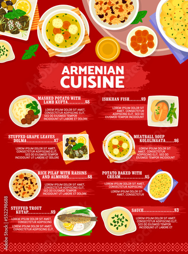 Armenian cuisine menu with dishes and meals of Armenia, vector poster. Armenian cuisine restaurant menu with traditional rice pilaf, ishkahn fish and potato baked with cream, meatball soup kololikgata