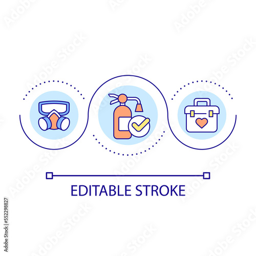 Safety equipment loop concept icon. Emergency preparedness. Avoiding workplace injuries tip abstract idea thin line illustration. Isolated outline drawing. Editable stroke. Arial font used