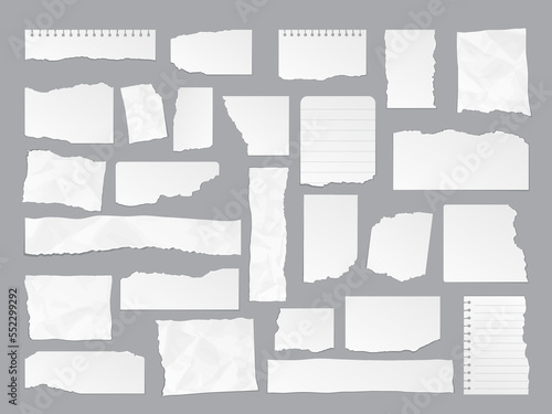 White torn paper note rips, sheet edges and page scraps, vector notebook pieces. White torn paper and blank page pieces, square message note or notepad strips and scrapbook shreds