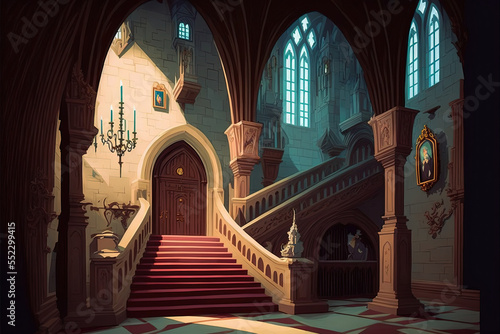 Photo Cartoon style illustration featuring the interior of a medieval castle