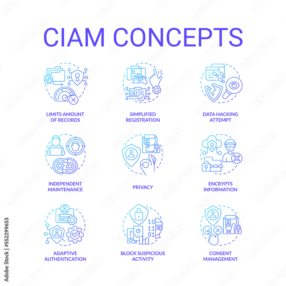CIAM blue gradient concept icons set. Customer authentication management. User security idea thin line color illustrations. Isolated symbols. Roboto-Medium, Myriad Pro-Bold fonts used