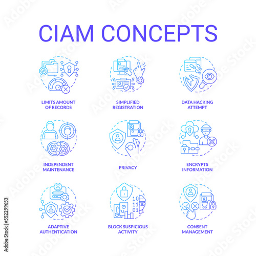 CIAM blue gradient concept icons set. Customer authentication management. User security idea thin line color illustrations. Isolated symbols. Roboto-Medium, Myriad Pro-Bold fonts used