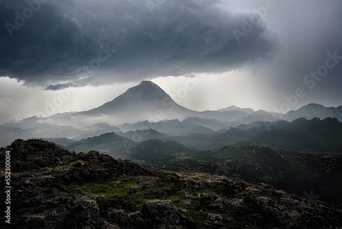 Foggy overcast clouds over mountain range. 