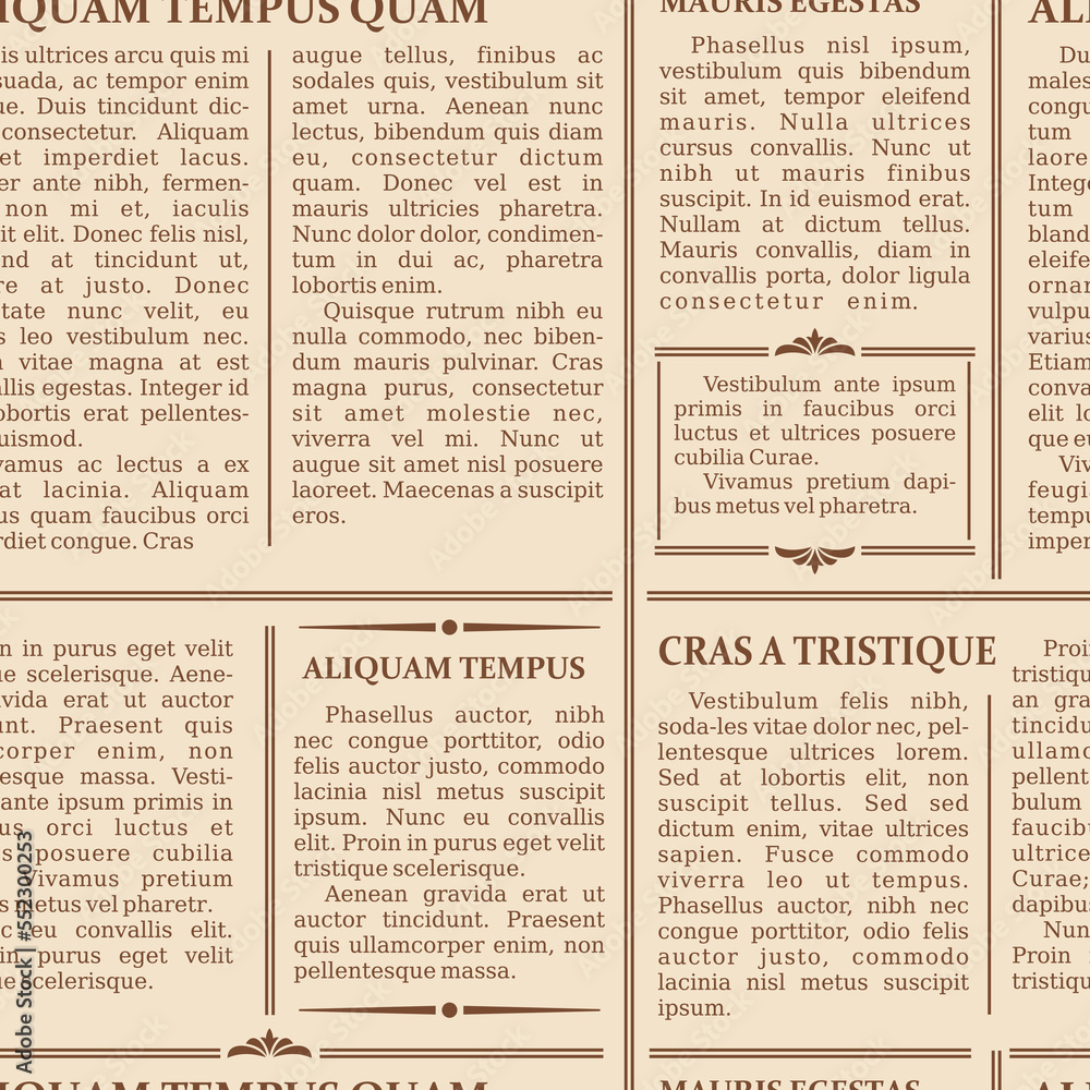 Obraz premium Old newspaper seamless pattern, vector background of vintage text with columns, articles and titles. Print of daily news, newsprint page texture. Newsletter, magazine or journal media scrap sheet