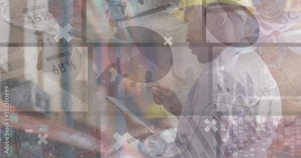 Animation of statistics and data processing over african american man working in warehouse Animation of statistics and data processing over african american man working in warehouse