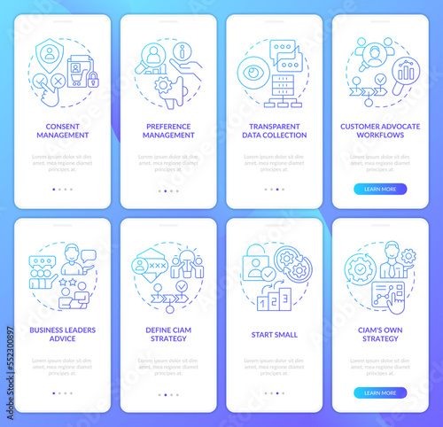 CIAM strategy blue gradient onboarding mobile app screen set. Walkthrough 5 steps graphic instructions with linear concepts. UI, UX, GUI template. Myriad Pro-Bold, Regular fonts used