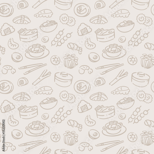 Seamless pattern with hand drawn Japanese food sketch.