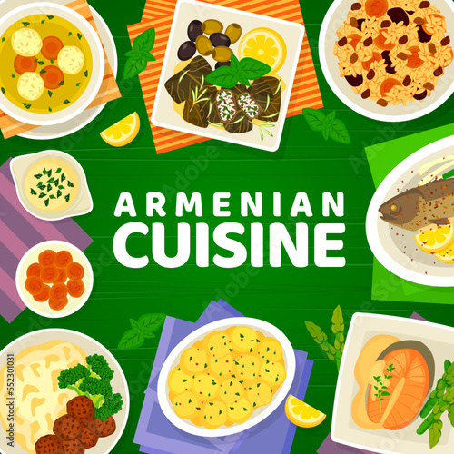 Armenian cuisine menu cover, restaurant food dishes for lunch and dinner, vector. Armenian cuisine meals menu with rice pilaf and dolma, meatball soup kololikgata and potato baked with cream