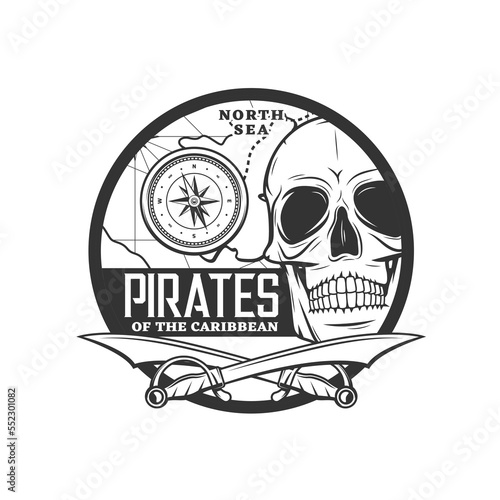 Caribbean pirates icon. Corsair and buccaneer, filibuster pirate treasure hunt monochrome round emblem, retro symbol with human scary skull, crossed cutlass swords, sea navigation compass and map
