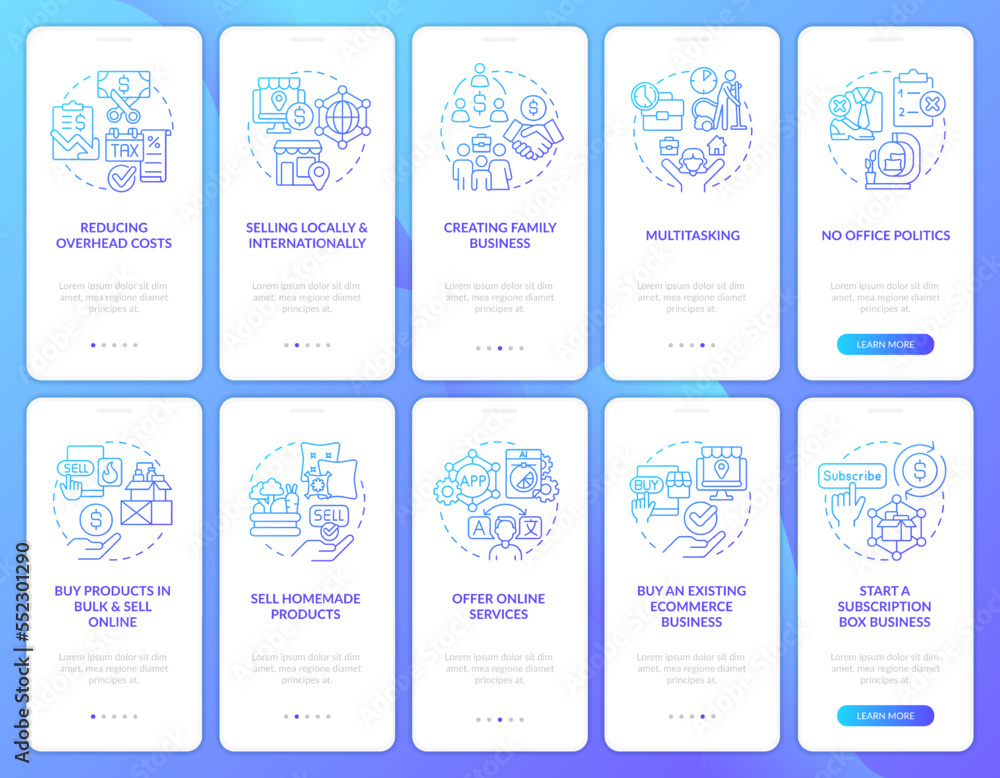 Earning money from home blue gradient onboarding mobile app screen set. Walkthrough 5 steps graphic instructions with linear concepts. UI, UX, GUI template. Myriad Pro-Bold, Regular fonts used