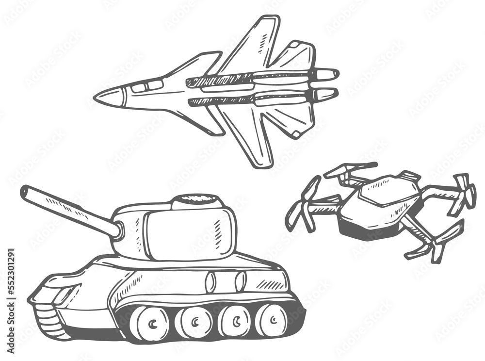 Army weapon elements. Tank, fighter jet and army drone.