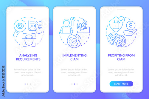 Implement CIAM strategy blue gradient onboarding mobile app screen. Walkthrough 3 steps graphic instructions with linear concepts. UI, UX, GUI template. Myriad Pro-Bold, Regular fonts used