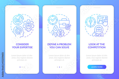 Develop business idea tips blue gradient onboarding mobile app screen. Walkthrough 3 steps editable graphic instructions with linear concepts. UI, UX, GUI template. Myriad Pro-Bold, Regular fonts used