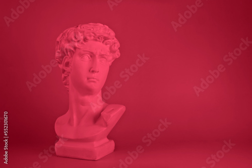 A plaster figure of David's head in a trendy color. Demonstrating the colors of 2023 Viva Magenta.